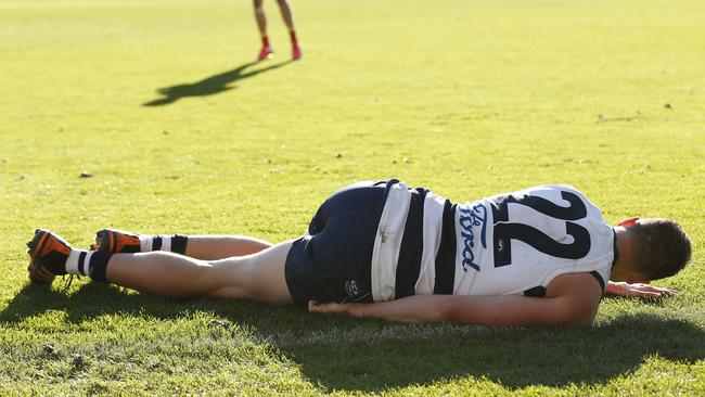 Duncan was left dazed as Holman took a freekick. Picture: AFL Photos/Getty Images