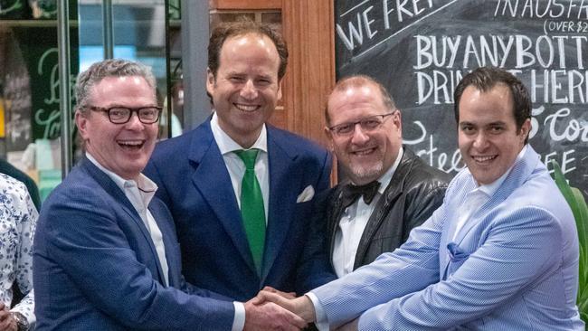 Adrian Tembel with mates, from left, Christopher Pyne, Internode founder and Base 64 owner Simon Hackett and Police Minister Vincent Tarzia, at Tembel's 50th birthday.