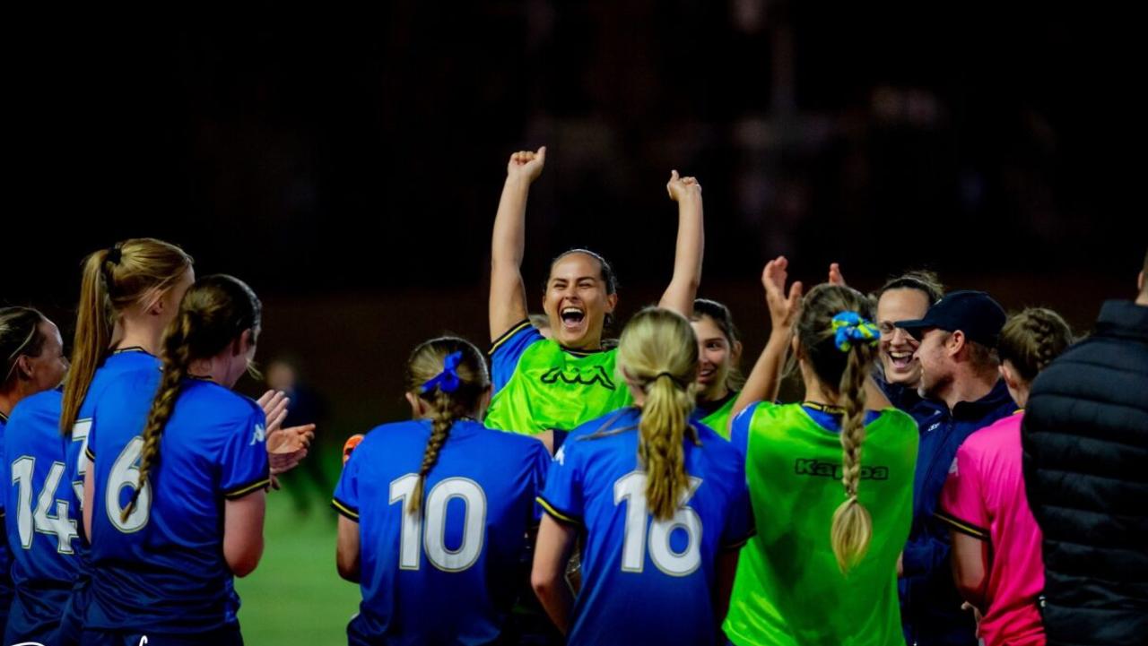 SWQ Thunder women celebrate their semi-final win over Broadbeach United in 2023. Photo credit: David Lobwein / DSL Photography