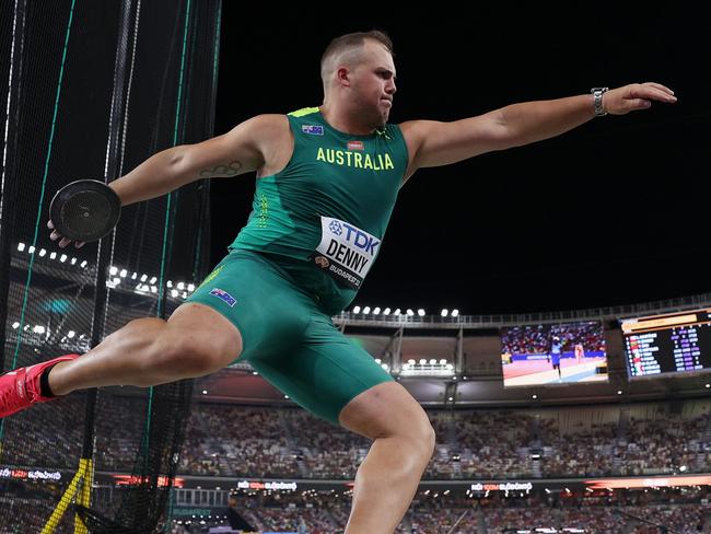 BUDAPEST, HUNGARY - AUGUST 21: Matthew Denny of Team Australia competes in the Men's Discus Throw Final during day three of the World Athletics Championships Budapest 2023 at National Athletics Centre on August 21, 2023 in Budapest, Hungary. (Photo by Patrick Smith/Getty Images)