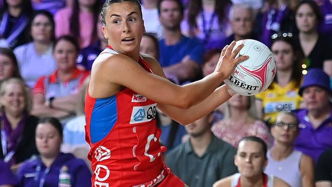 BRISBANE, AUSTRALIA - APRIL 28: Maddy Proud of the Swifts in action during the round three Super Netball match between Queensland Firebirds and NSW Swifts at Nissan Arena, on April 28, 2024, in Brisbane, Australia. (Photo by Albert Perez/Getty Images)