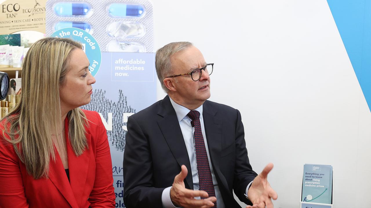 Labor leader Anthony Albanese talking with local Maggie Issa about the PBS during a visit to Amcal Parmacy Wadalba, seat of Dobell NSW. Picture: Liam Kidston