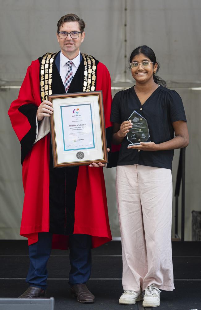 Toowoomba Mayor Geoff McDonald with Toowoomba Young Citizen of the Year Rheanca Lincoln at the Toowoomba Australia Day celebrations at Picnic Point, Sunday, January 26, 2025. Picture: Kevin Farmer