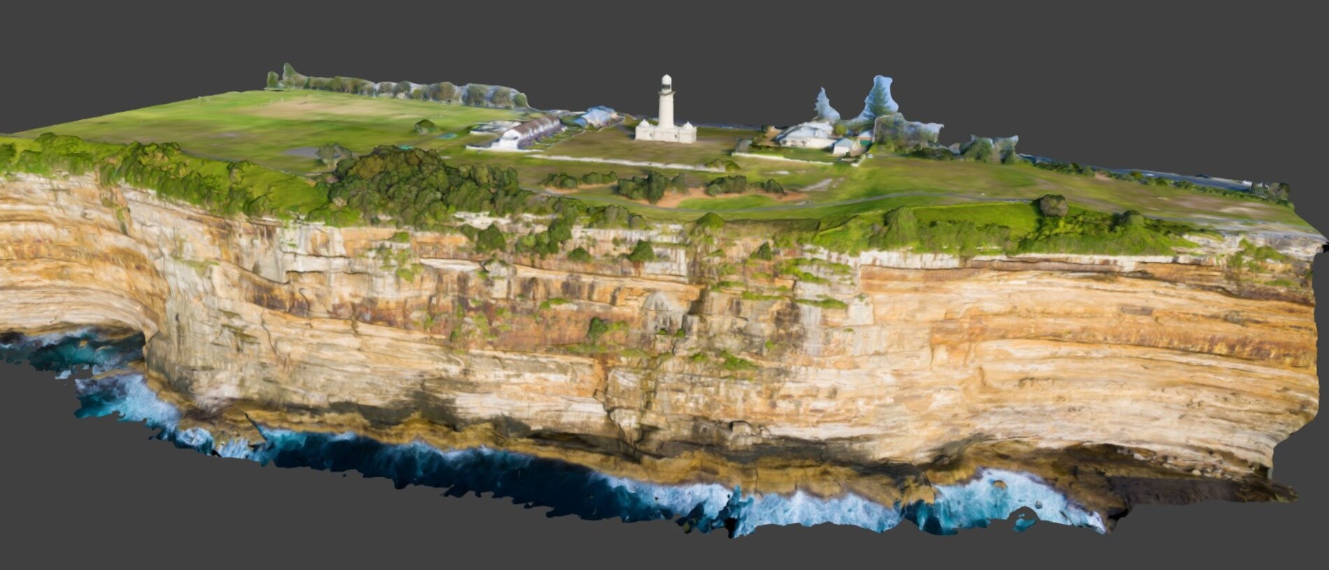 Screengrab of the 3D map of the Macquarie Lighthouse cliff face, in which the secret WWII tunnel was constructed. Picture: Pedestal 3D