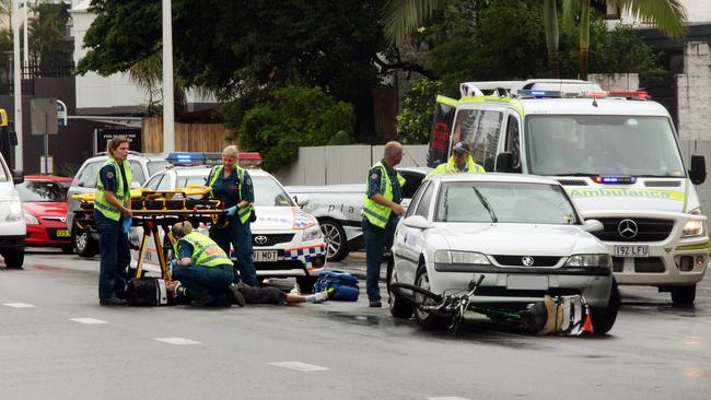 Scene of a collision between a cyclist and a car on the corner of Markwell Avenue and the Gold Coast Highway, Surfers Paradise.