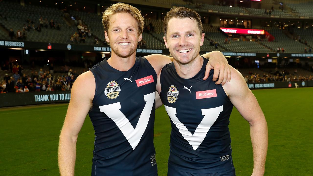 Patrick Dangerfield couldn’t help but poke fun at his good mate Rory Sloane. Photo: Michael Willson/AFL Photos via Getty Images