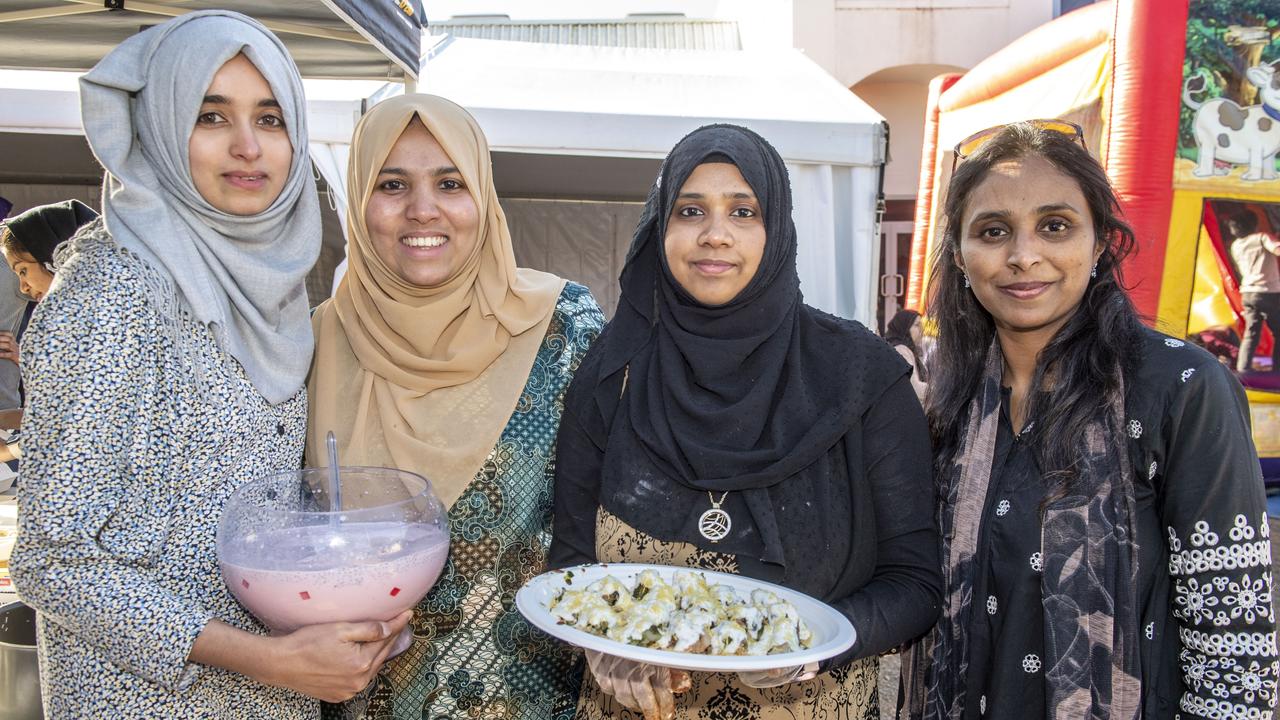 (from left) Hassana Rahuman, Nazreen Yoosuf, Sahira Jameen Syed Ibrahim and Minha Ikram on the Sri Lankan, Indian, Malaysian fusion food stall. 9th Annual Toowoomba International food festival and Mosque open day. Saturday, June 25, 2022. Picture: Nev Madsen.