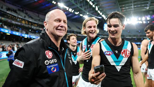 MELBOURNE, AUSTRALIA - JUNE 09: Ken Hinkley, Senior Coach of the Power celebrates during the 2023 AFL Round 13 match between the Western Bulldogs and the Port Adelaide Power at Marvel Stadium on June 9, 2023 in Melbourne, Australia. (Photo by Dylan Burns/AFL Photos via Getty Images)