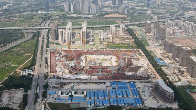 This aerial photo shows a view of the under-construction Guangzhou Evergrande football stadium in Guangzhou in China's southern Guangdong province. Picture: AFP