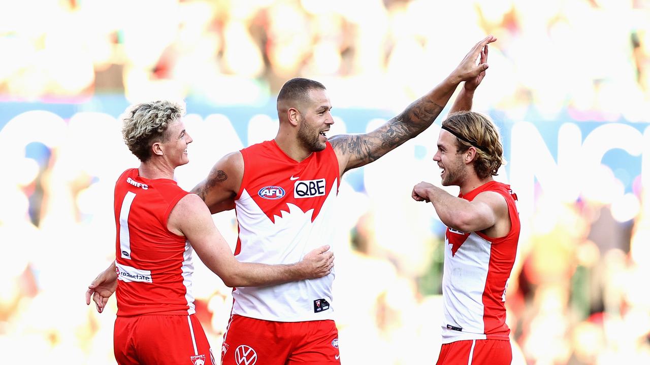 Lance Franklin celebrates a goal in the last quarter. Picture: Cameron Spencer/Getty Images