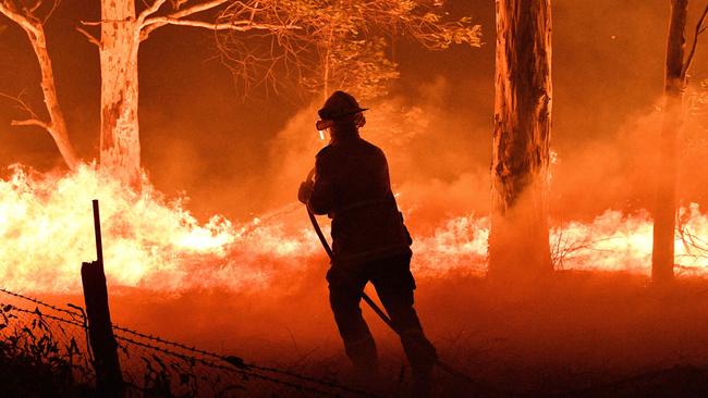 A firefighter hoses down trees and flying embers near the town of Nowra in NSW. Picture: AFP