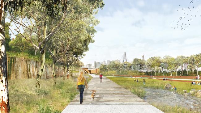 An artists impression of the proposed parklands from the M4-M5 Link concept design