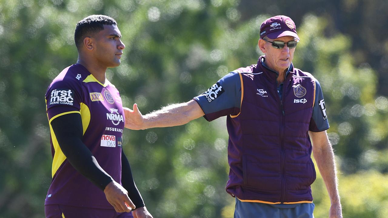 Tevita Pangai Jr and Wayne Bennett at training in 2018. Picture: AAP Image/Dave Hunt