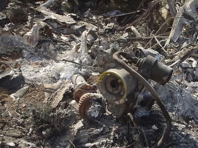 The wreckage of the Sikorsky S-76B helicopter. Picture: AFP