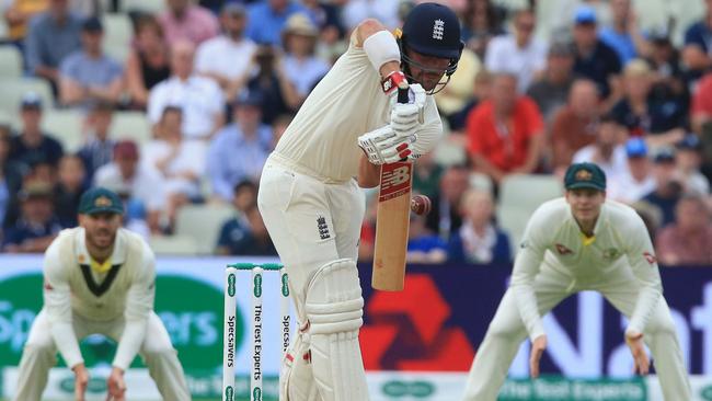 England opener Rory Burns gets right behind a ball from Peter Siddle. Picture: AFP