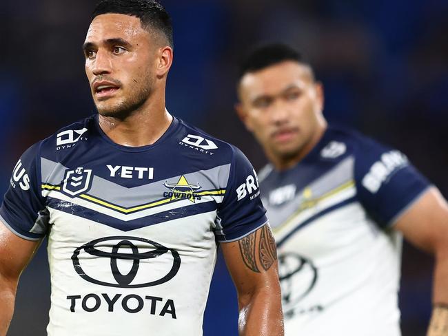 GOLD COAST, AUSTRALIA - MAY 12:  Valentine Holmes of the Cowboys looks on during the round 10 NRL match between Gold Coast Titans and North Queensland Cowboys at Cbus Super Stadium, on May 12, 2024, in Gold Coast, Australia. (Photo by Chris Hyde/Getty Images)