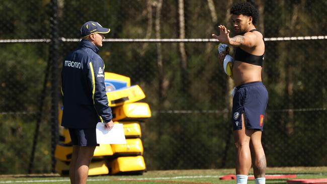 Brad Arthur and Waqa Blake at Eels training on Monday. Picture; Mark Kolbe/Getty Images