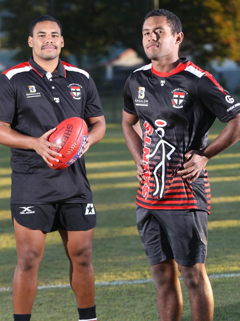 Brothers Timakoi Bowie and Tui Lowah are playing together for the Saints team in AFL Cairns. PICTURE: STEWART McLEAN