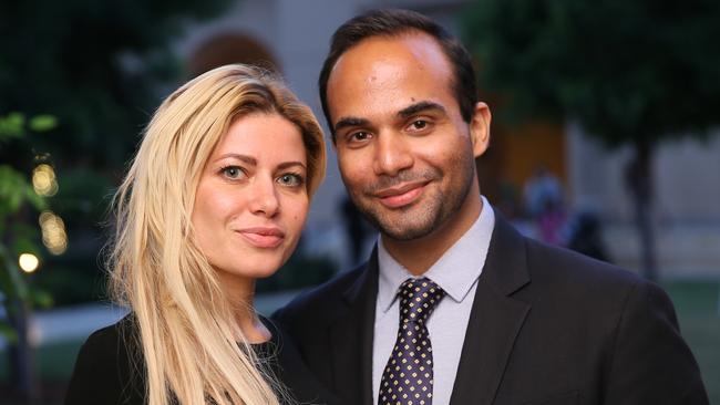 Former Trump aide George Papadopoulos with his wife Simona Mangiante in Los Angeles yesterday. Picture: Danny Moloshok