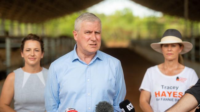 Deputy Prime Minister Michael McCormack, CLP leader Lia Finocchiaro and candidate for Fannie Bay Tracey Hayes. Picture: Che Chorley