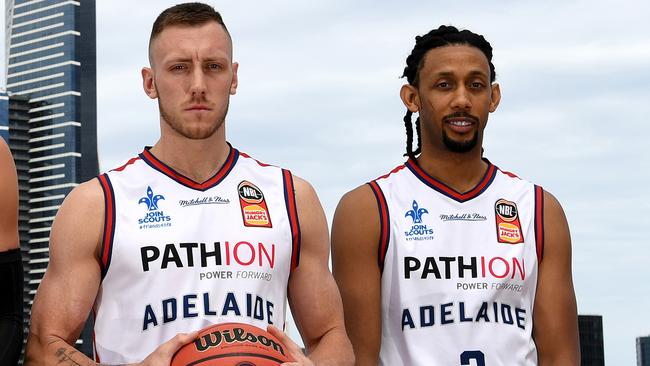 Former Adelaide 36ers Mitch Creek and Josh Childress ahead of this year’s NBL grand final series in March. Picture: AAP Image/Joe Castro