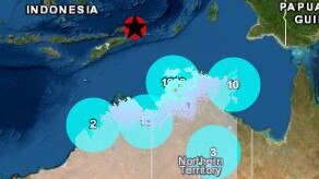 GeoScience Australia’s ShakeMap shows residents across the Top End and the Kimberleys felt weak to light shakes from the earthquake. Picture: Supplied.