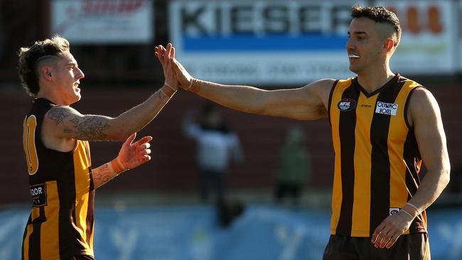 Lachlan Reinke and Jordan Vellios celebrate a goal. Picture: Hamish Blair