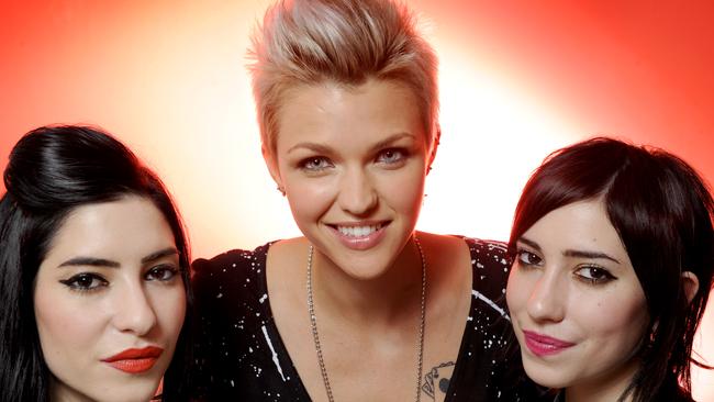 Ruby Rose with the Veronicas while filming a TV show at East Keilor College in 2010. Picture: Supplied