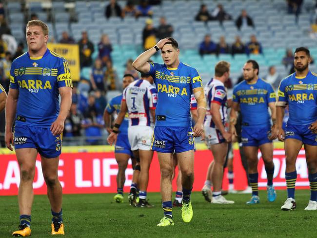 Mitchell Moses leaves the field after the Eels lose to the Knights. Picture: Brett Costello