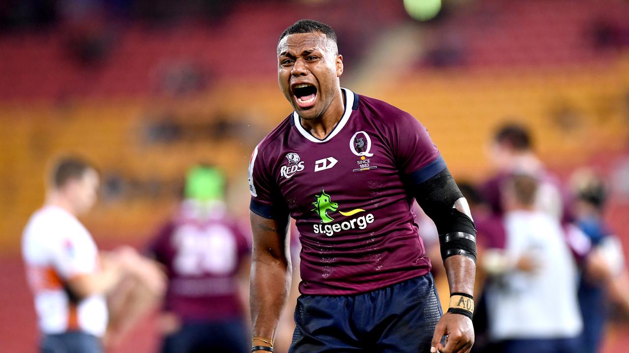 Reds captain Samu Kerevi celebrates after his side came back to beat the Blues.