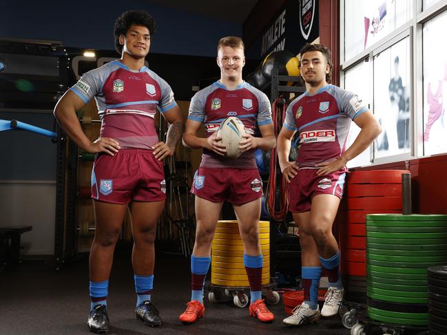 Hills Sports High School, Schoolboy NRL players from left Henry Finau, Harry Hassett and Moustafa Dirani at the school in Seven Hills. Picture: Jonathan Ng