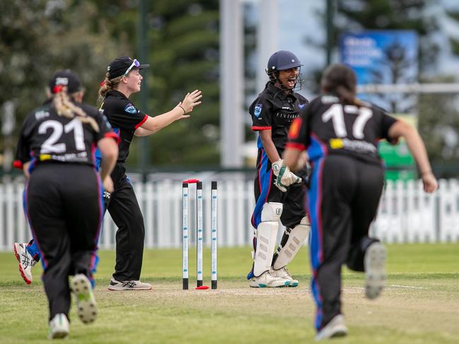 Manly’s Abigail Bland is run out by Reet Kumar. Picture: Julian Andrews