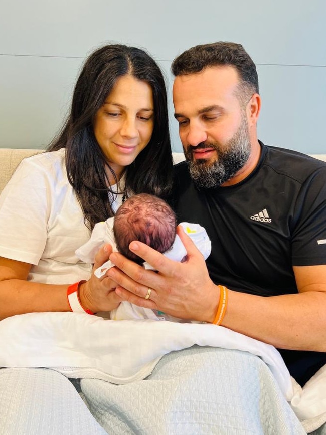 Exclusive picture: Danny and Leila Abdallah with their newborn bub.