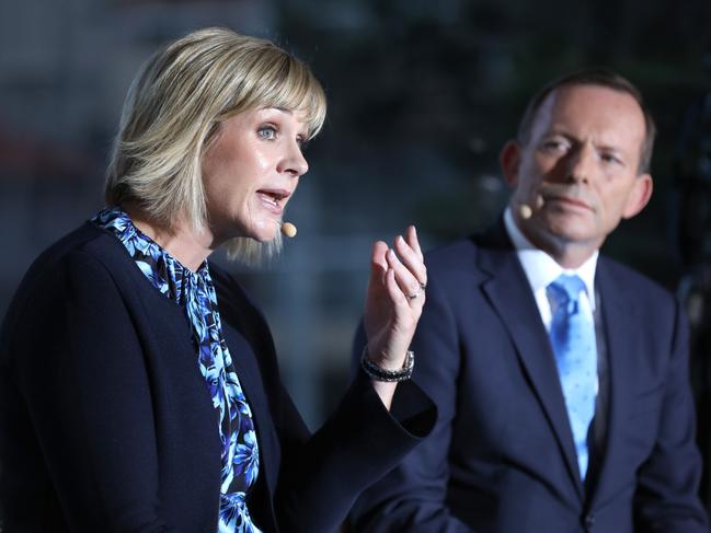 Warringah candidates Tony Abbott and Zali Steggall at the Sky News/Manly Daily debate on May 2. Picture: Damian Shaw