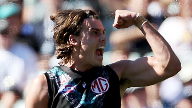 ADELAIDE, AUSTRALIA - APRIL 22: Ollie Lord of the Power celebrates his first goal during the 2023 AFL Round 06 match between the Port Adelaide Power and the West Coast Eagles at Adelaide Oval on April 22, 2023 in Adelaide, Australia. (Photo by James Elsby/AFL Photos via Getty Images)