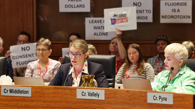 Cairns Regional Council has voted to not introduce fluoride into Cairns' drinking water supply at an ordinary meeting attended by dozens of anti fluoride protesters. Councillor Anna Middleton gave an impassioned address as to why council should add fluoride into the water. Picture: Brendan Radke