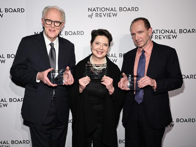 Isabella Rossellini and Ralph Fiennes (with co-star John Lithgow, far left) are both nominated for Conclave. Picture: Getty Images