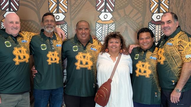 St Mary's legends Allan Corrie, Dennis Dunn, Marty Christensen, Michael Athanasiou and Cyril Rioli from the 1994-95 NTFL premiership winning season with current president Carol Stanislaus.