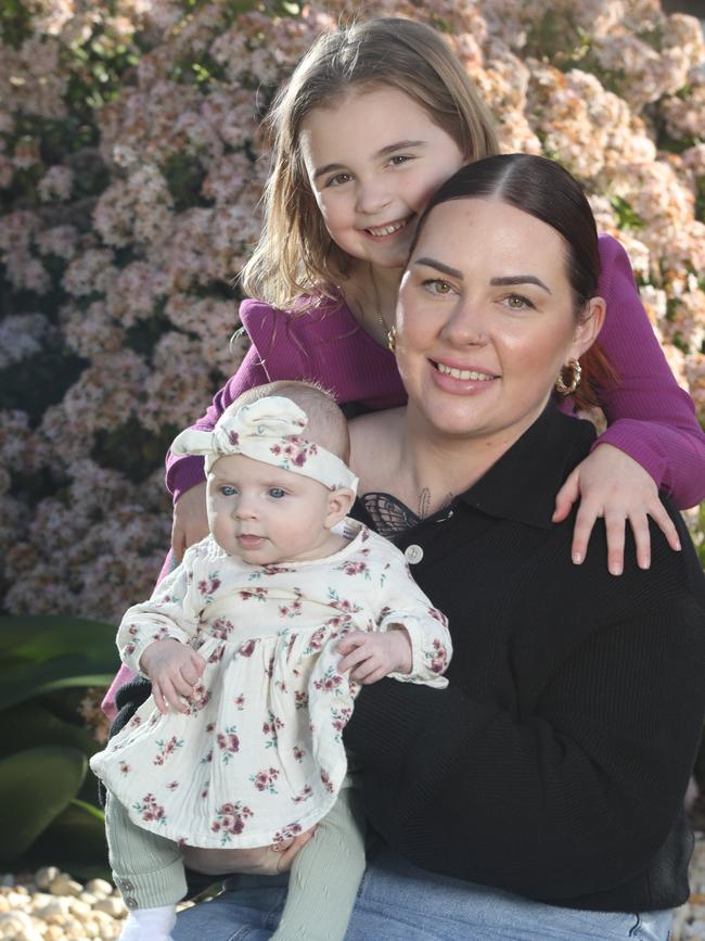 Samantha Pirch with daughters Peyton and Eleanor, 5, at their home in Willaston. Picture Dean Martin