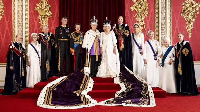 King Charles III and Queen Camilla in the official coronation portrait, with members of the working royal family: (L-R) Prince Edward, Duke of Kent, Birgitte, Duchess of Gloucester, Prince Richard, Duke of Gloucester, Vice Admiral Sir Tim Laurence, Anne, Princess Royal, King Charles III, Queen Camilla, The Prince of Wales, Catherine, Princess of Wales, Sophie, Duchess of Edinburgh, Princess Alexandra, The Honourable Lady Ogilvy and Prince Edward, Duke of Edinburgh. Picture: Hugo Burnand/Buckingham Palace via Getty Images.