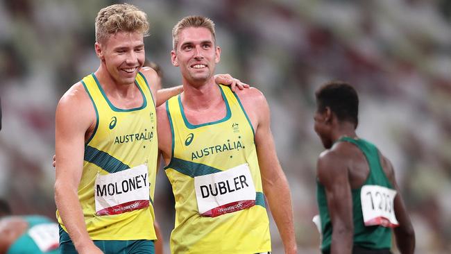 Cedric Dubler and Ashley Moloney of Team Australia react after competing in the Men's Decathlon 1500m (Photo by Patrick Smith/Getty Images)