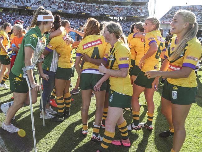 The Australian Jillaroos celebrate after beating the Kiwi Ferns 3-0.