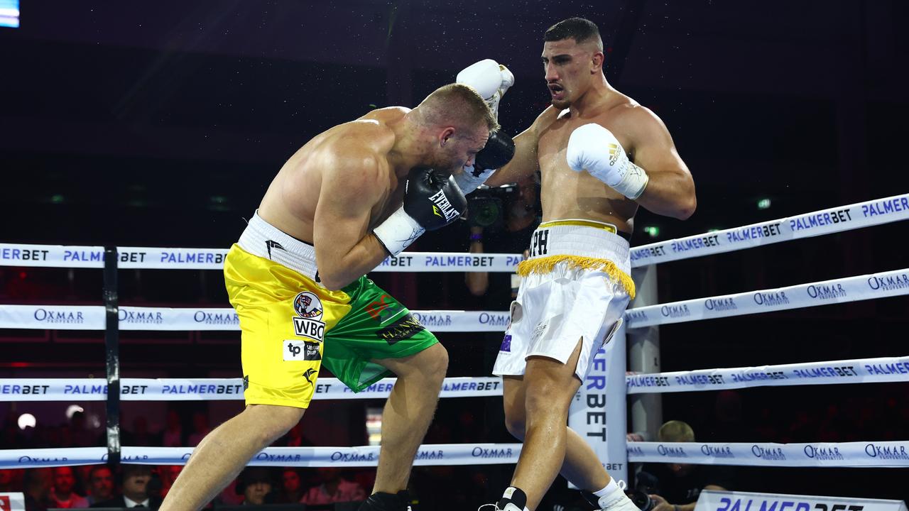 BRISBANE, AUSTRALIA - JUNE 15: Justis Huni punches Joe Goodall during the Heavyweight WBO Oriental &amp; IBF Pan-Pacific Regional title bout between Justis Huni and Joe Goodall at Nissan Arena on June 15, 2022 in Brisbane, Australia. (Photo by Chris Hyde/Getty Images)