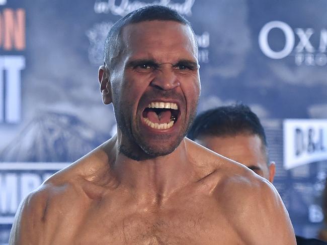 Anthony Mundine roars at Thursday’s weigh-in. Picture: Getty Images