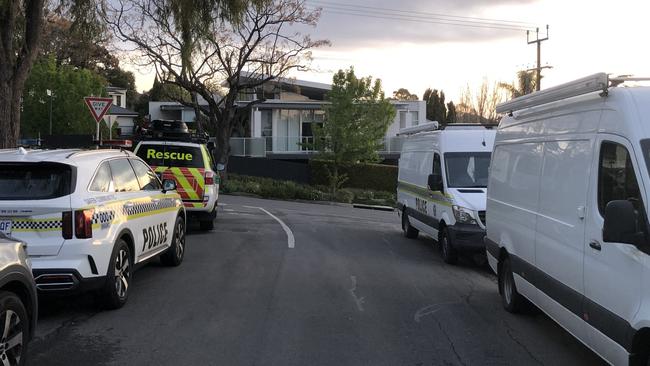 Police vans and detectives set up on Bagot St. An armed siege is unfolding in one of Adelaide’s most affluent suburbs as part of an investigation into a house break-in. Picture: SHASHI BALTUTIS