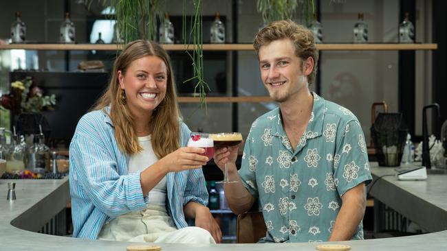 Alizee Fleming and Nathan Roach drinking zero alcohol cocktails in So Bar at Seadrift Distillery, in Brookvale, Sydney. Picture: Julian Andrews