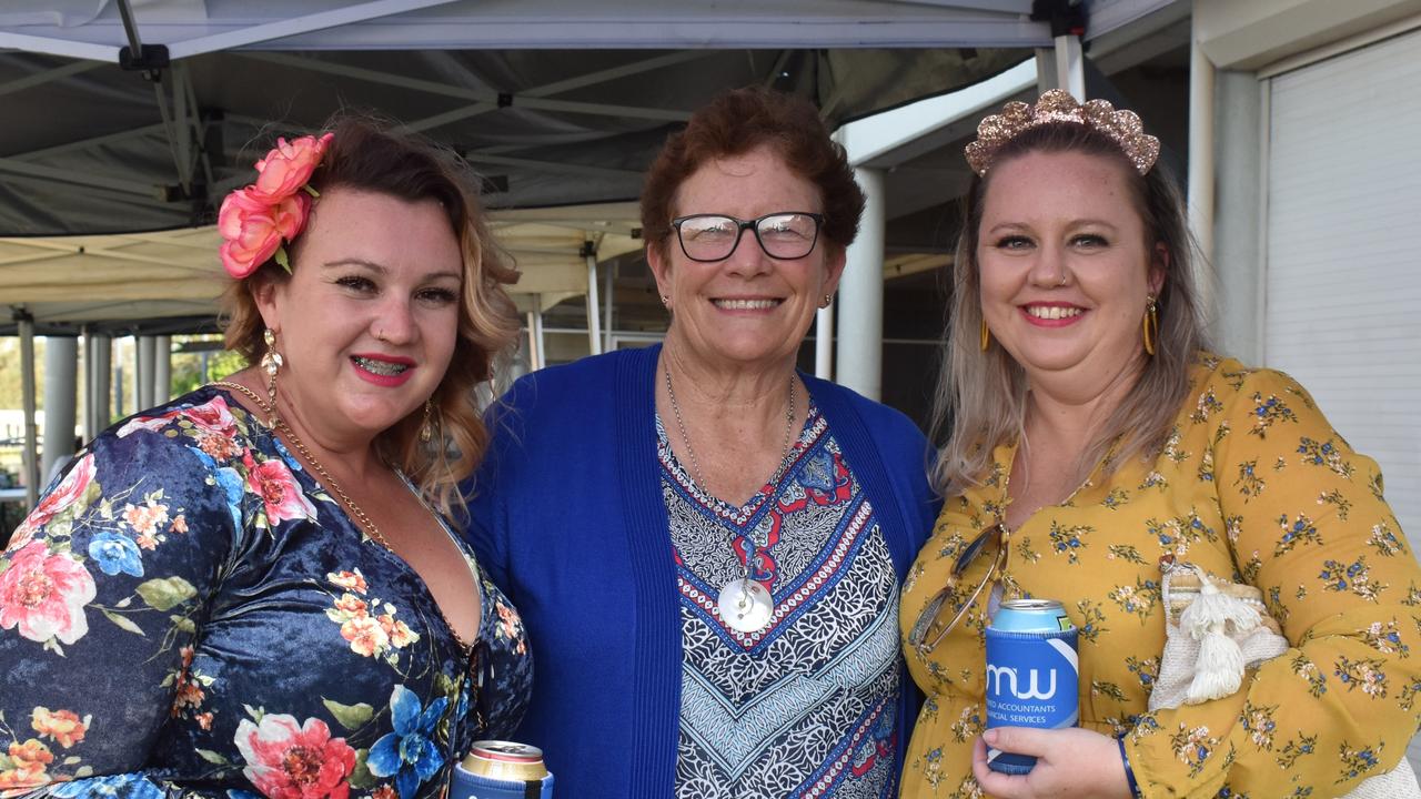 (Left to right) Shell Barrett, Patreice Wippell and Felicity Purridge at the Brown Macaulay &amp; Warren Gympie Cup Day, 2021.