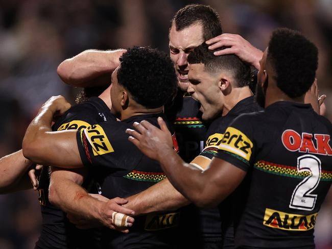 Nathan Cleary and the Panthers celebrate during their win over the Roosters. Picture: Getty Images