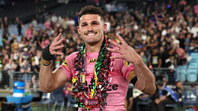 SYDNEY, AUSTRALIA - OCTOBER 06:  Nathan Cleary of the Panthers celebrate after winning the 2024 NRL Grand Final match between the Melbourne Storm and the Penrith Panthers at Accor Stadium on October 06, 2024, in Sydney, Australia. (Photo by Cameron Spencer/Getty Images)