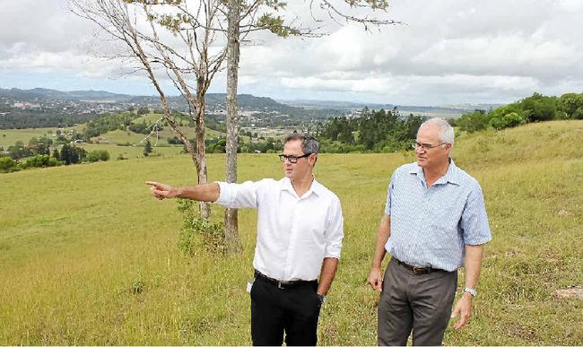 PLANNING: Lismore Council’s integrated planning manager Steve Denize and Plateau Group’s Tony Riordan on the site of the new development. Picture: Andy Parks